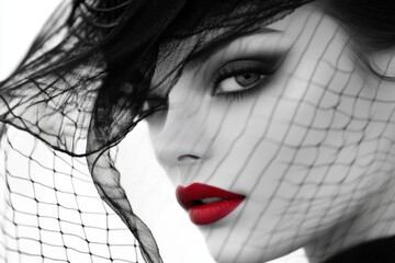 Aufkleber - Elegant woman with striking red lips and dramatic black veil showcasing beauty and fashion