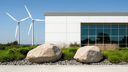 Poster - A modern building with large windows is accompanied by wind turbines and landscaped stones, emphasizing sustainability and clean energy.