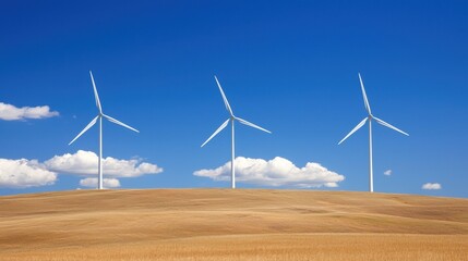 Poster - Three wind turbines stand on a golden hill under a bright blue sky with scattered clouds, symbolizing renewable energy and sustainability.