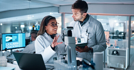 Poster - Collaboration, science and tablet with happy people in lab together for breakthrough or development. Feedback, laptop and microscope with research team in clinical trial for medical discovery