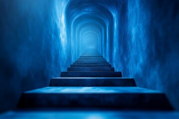 Aufkleber - Mysterious blue stairway leads into an ethereal glow in a dimly lit corridor