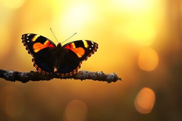 Poster - Colorful butterfly perched on a branch during a golden hour with soft bokeh background