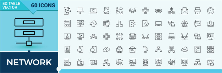 Poster - Networking icon set. Contain linear sign net, technology, telecom, server, communication, internet, cloud. Minimalist icons. Connect line icon set. Editable vector art.