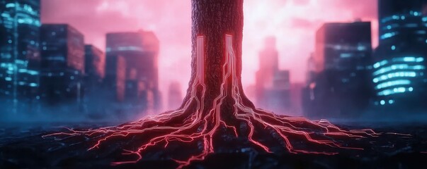 Poster - A futuristic tree with glowing red roots rises amid a neon-lit city, blending nature and technology in a surreal landscape.