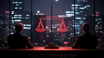 Aufkleber - Two figures sit at a table, facing a glowing red scale of justice against a city skyline at night, symbolizing law and balance.