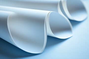 Poster - Curled sheets of smooth white paper arranged on a light blue surface during a creative workspace session
