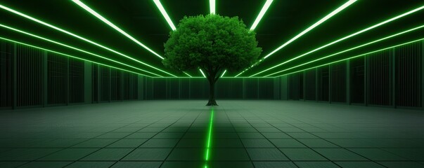 Aufkleber - A solitary green tree stands in a futuristic space illuminated by vibrant green laser beams, creating a striking contrast with the dark surroundings.