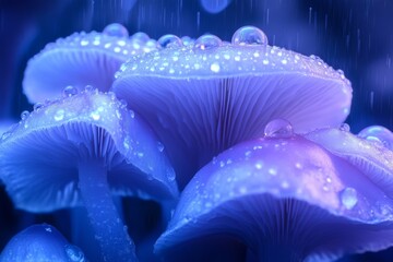 Aufkleber - Colorful mushrooms glisten with raindrops under soft blue lighting in a forest setting