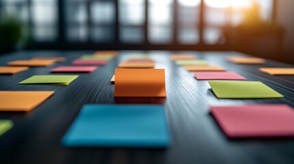 Poster - Table with colorful sticky notes on it. The table is empty except for one orange note. The colorful notes are arranged in a grid pattern