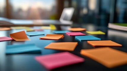 Poster - Table with a bunch of colorful sticky notes on it. The notes are in different colors and sizes, and they are scattered all over the table. The table is surrounded by a laptop and a book