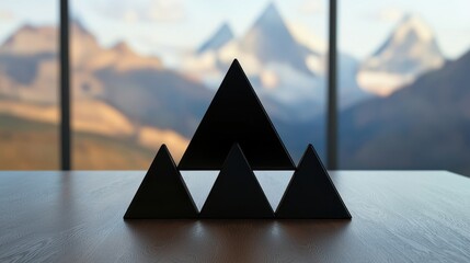 Aufkleber - A minimalist arrangement of black triangular shapes on a wooden surface, set against a backdrop of majestic mountains.