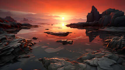 Poster - Breathtaking sunset over a rocky beach creating a stunning natural scene with vibrant colors reflecting on the calm water surface.