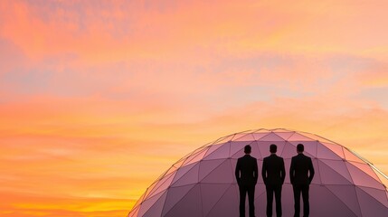 Poster - Three silhouetted figures stand before a colorful sunset, with a geometric dome structure in the foreground, evoking a sense of tranquility and contemplation.
