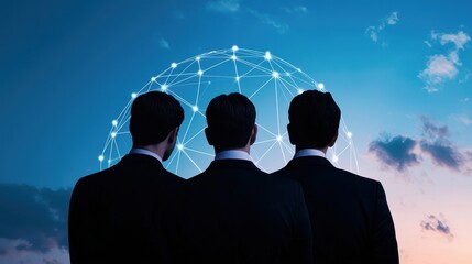Aufkleber - Three individuals in suits stand against a colorful sky, observing a digital network sphere, symbolizing connection and technology.
