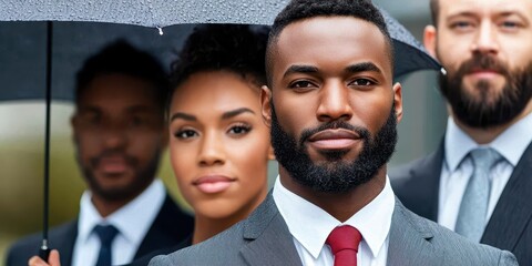 Poster - A group of professionals stands together, wearing suits and holding an umbrella, exuding confidence and unity in a rainy urban setting.
