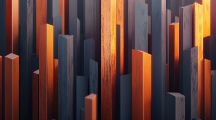 Aufkleber - A vibrant arrangement of vertical wooden structures, showcasing a blend of orange and gray hues, creating an abstract yet striking visual.