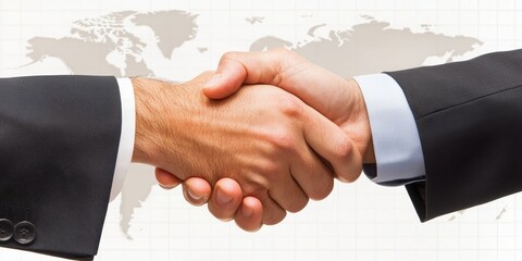 Poster - A close-up of two business professionals shaking hands, symbolizing agreement, partnership, or collaboration against a world map backdrop.