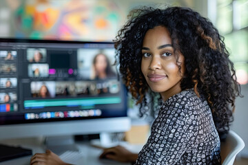 Leinwandbilder - - A young Black woman at her desk in a contemporary office, using graphic design software to edit photos on her computer screen.