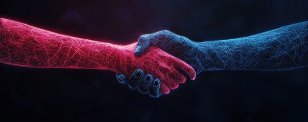 Aufkleber - A vibrant digital handshake between red and blue hands symbolizes unity and collaboration in a futuristic context.
