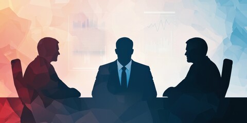 Fototapete - Silhouettes of three businessmen in a meeting, emphasizing collaboration and strategy against a colorful abstract background.