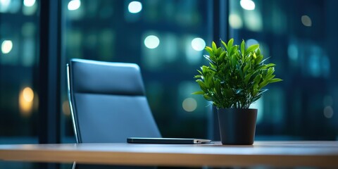 Aufkleber - A modern office scene featuring a sleek chair, a plant in a pot, and a desk with soft evening lighting and blurred city lights in the background.