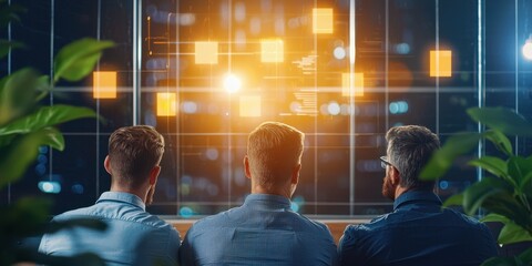 Fototapete - Three people are seated, gazing at a vibrant digital display, surrounded by plants, in a modern, tech-inspired environment.
