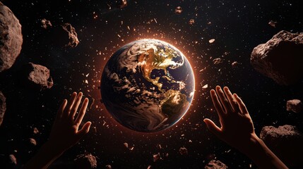 Aufkleber - A cosmic scene depicting hands reaching towards a glowing Earth surrounded by asteroids, symbolizing connection and the fragility of our planet.