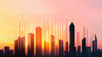 Poster - A vibrant city skyline silhouetted against a colorful sunset, showcasing modern architecture and a dynamic urban atmosphere.