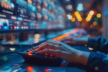 Poster - Blurred video conference screen in background as hands type on keyboard
