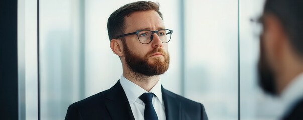 Fototapete - A professional man in glasses and a suit stands confidently in an office, reflecting on his thoughts in a modern corporate environment.