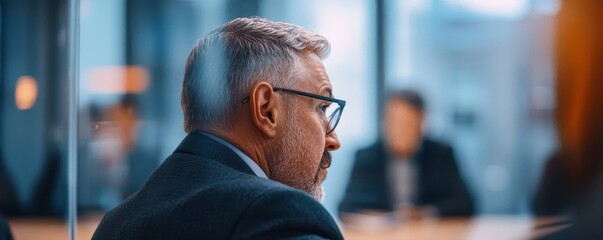 Fototapete - A focused man in a suit listens intently during a meeting, highlighting professionalism and engagement in a corporate environment.
