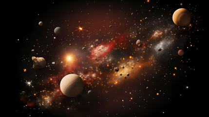 Poster - a stunning view of planets suspended in the sky against a vivid cosmic background of interstellar ch