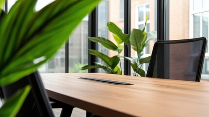 Aufkleber - A modern office space featuring a wooden table, a black chair, and lush green plants near large windows, creating a fresh and inviting atmosphere.