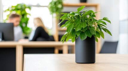 Aufkleber - A potted plant sits on a wooden table in a modern office, with blurred colleagues engaged in discussion in the background.
