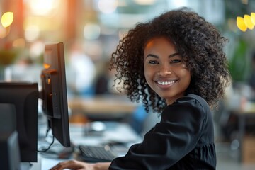 Poster - Confident African American businesswoman smiling as she calculates tax on computer at office desk.