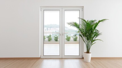 Aufkleber - A serene indoor space featuring a large potted plant next to glass doors leading to a balcony, bathed in natural light.