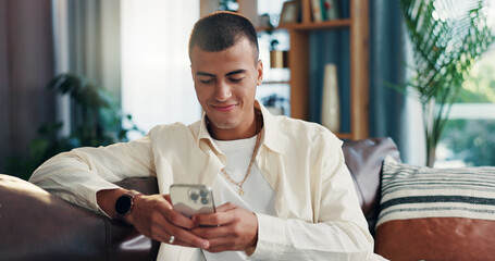 Aufkleber - Home, sofa and man with smartphone for chat, online communication and text on dating website. House, male person and reading with mobile for application, message and scroll on social media in lounge