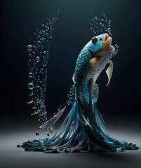 Poster - A stylized fish with flowing fins and a blue gradient pattern swims amidst bubbles