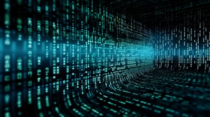 A photo of a binary code flowing on a digital screen.