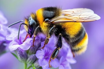 Poster - Bumblebee pollinating vibrant purple flowers in a garden during a sunny day