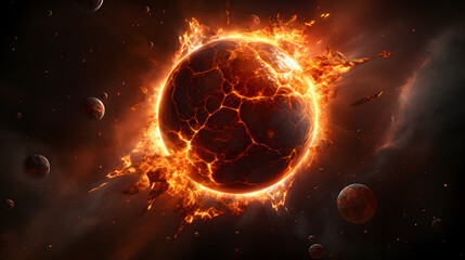 Poster - A planet surrounded by enormous flames captured in a beautiful artwork depicting interstellar physics and cosmic forces.