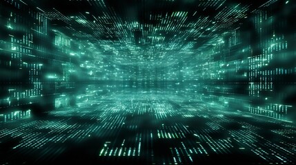 A photo of a binary code flowing on a digital screen.
