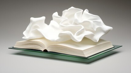 Poster - A sculptural representation of an open book topped with flowing white fabric, blending literature and art in a visually striking way.