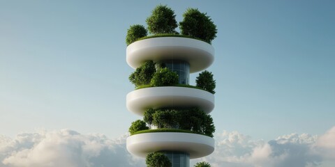 Poster - A futuristic building design featuring circular terraces adorned with greenery, set against a clear blue sky, highlighting sustainable architecture.