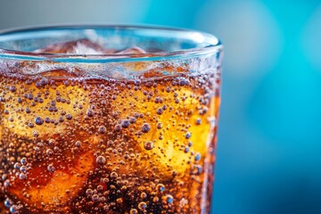 Poster - Refreshing carbonated drink with ice cubes in a glass captured in bright light