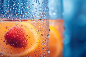Poster - Refreshing beverage with raspberries and citrus slices in a glass filled with bubbles