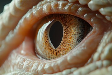 Poster - Detailed close-up of a reptilian eye showcasing intricate patterns and vivid colors in natural light