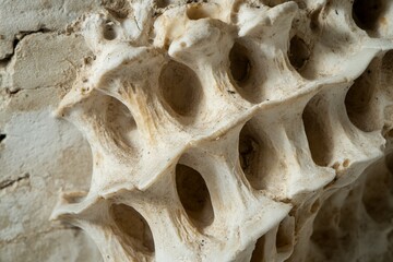 Leinwandbilder - Close-up of a unique fossilized structure against a textured wall in natural light highlighting details and textures