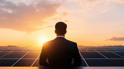 Poster - A silhouette of a man in a suit gazes at a sunset above solar panels, symbolizing renewable energy and sustainability.