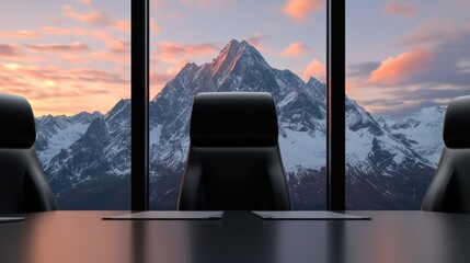 Poster - A modern boardroom with a stunning mountain view during sunset, featuring sleek black chairs and a minimalist design.